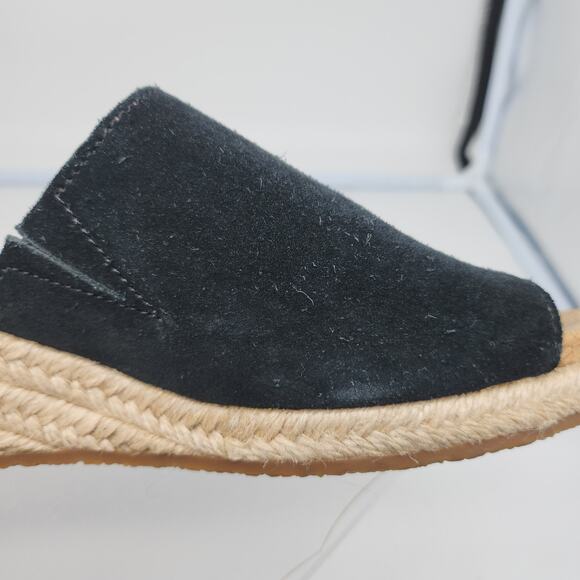 Ugg Sandals 8 Black Suede Leather Fringe Boho Peep Toe Wedges Mules Espadrille - Picture 10 of 14